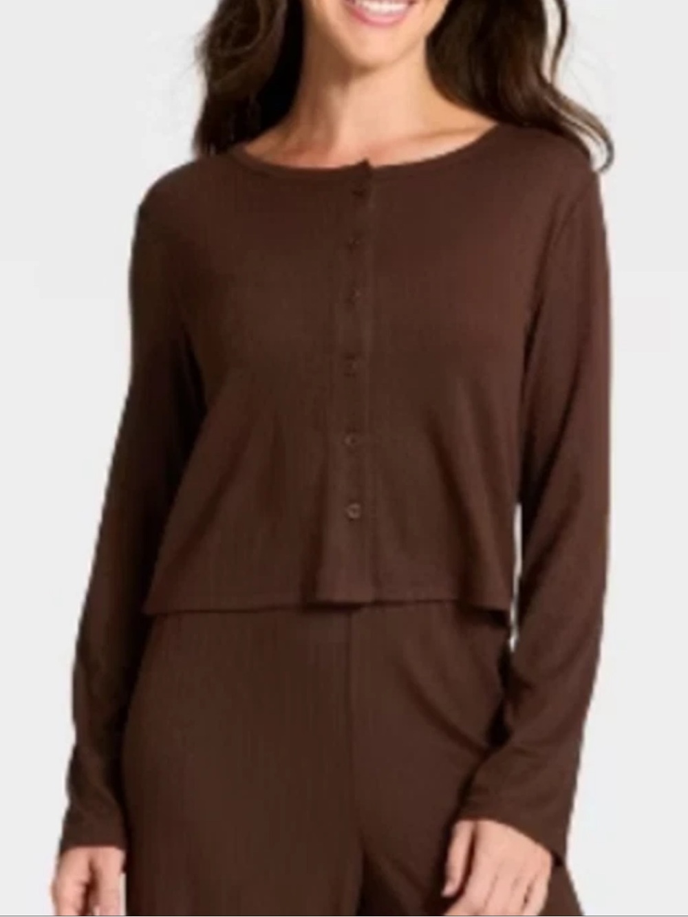 Dex Brown Ribbed Button-Front Long Sleeve Top